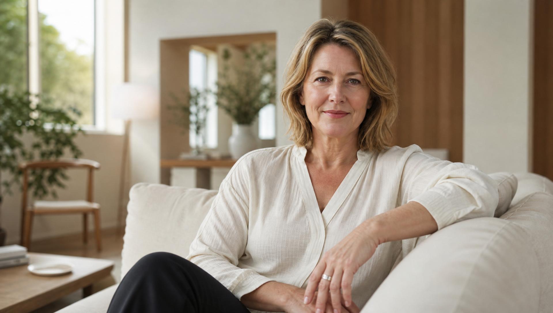 Confident woman in her early 50s in warm natural light at home, illustrating the truth behind common menopause myths.
