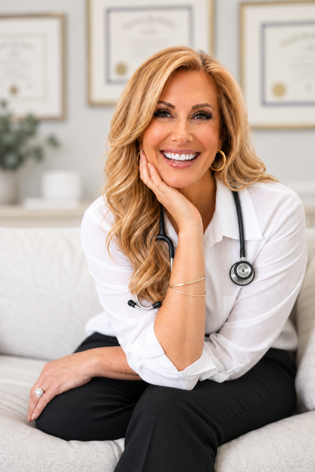 Dr. Tammy Tucker smiling in her office, wearing a black stethoscope