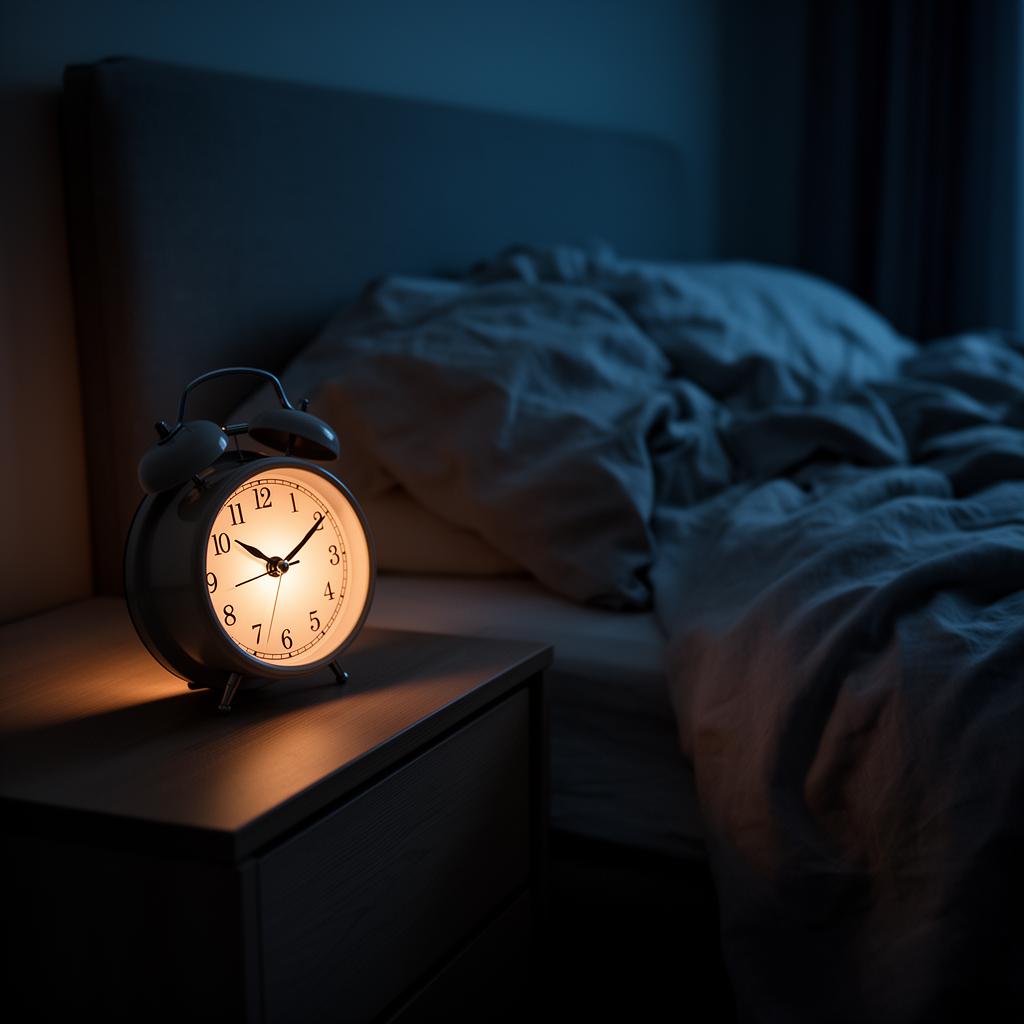 Glowing analog alarm clock on a nightstand in a dim bedroom at 3 a.m., illustrating midlife sleep disruption from cortisol and progesterone shifts.