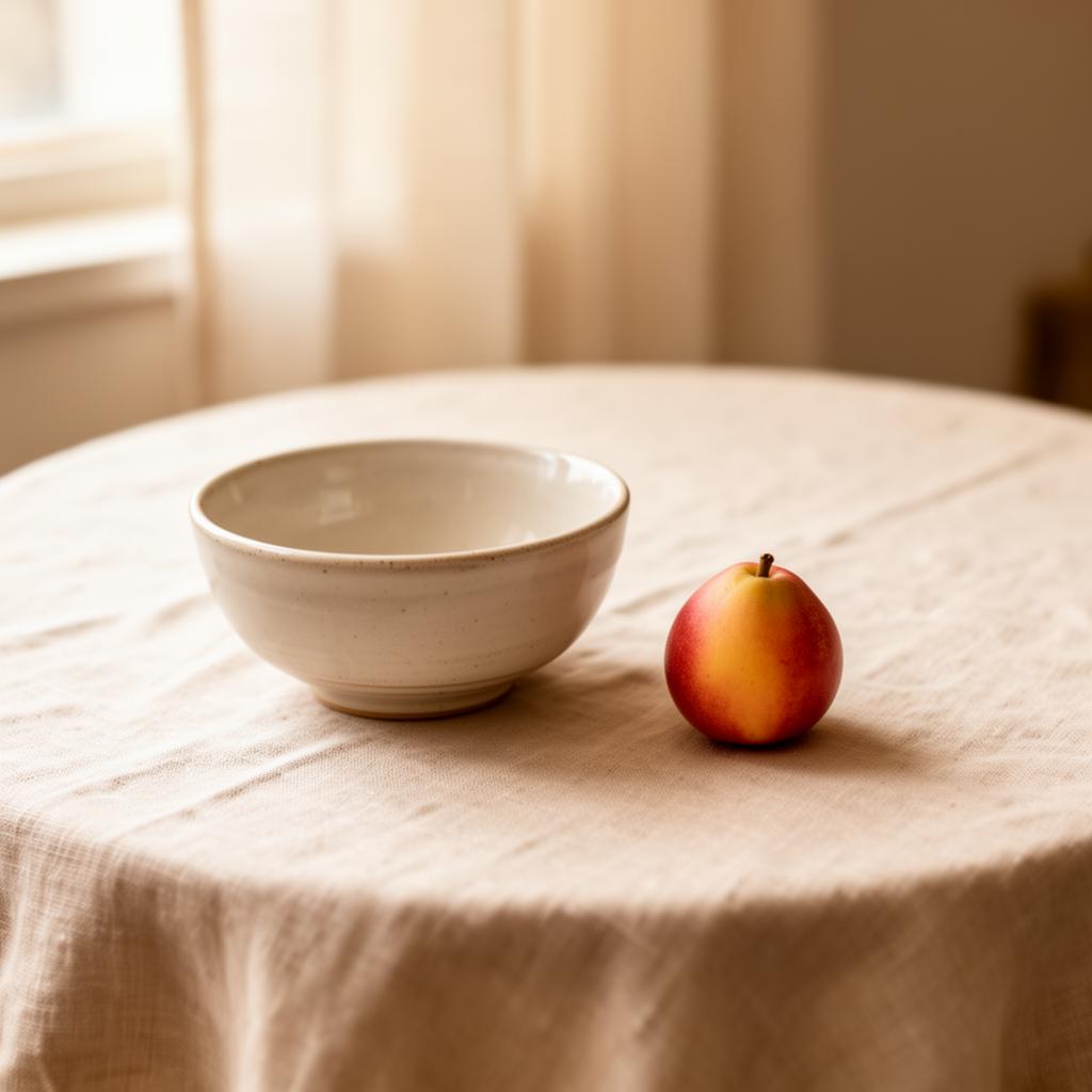 Minimalist still life of a small empty ceramic bowl and a single piece of fruit on linen, illustrating the quiet of food noise on GLP-1 medications.