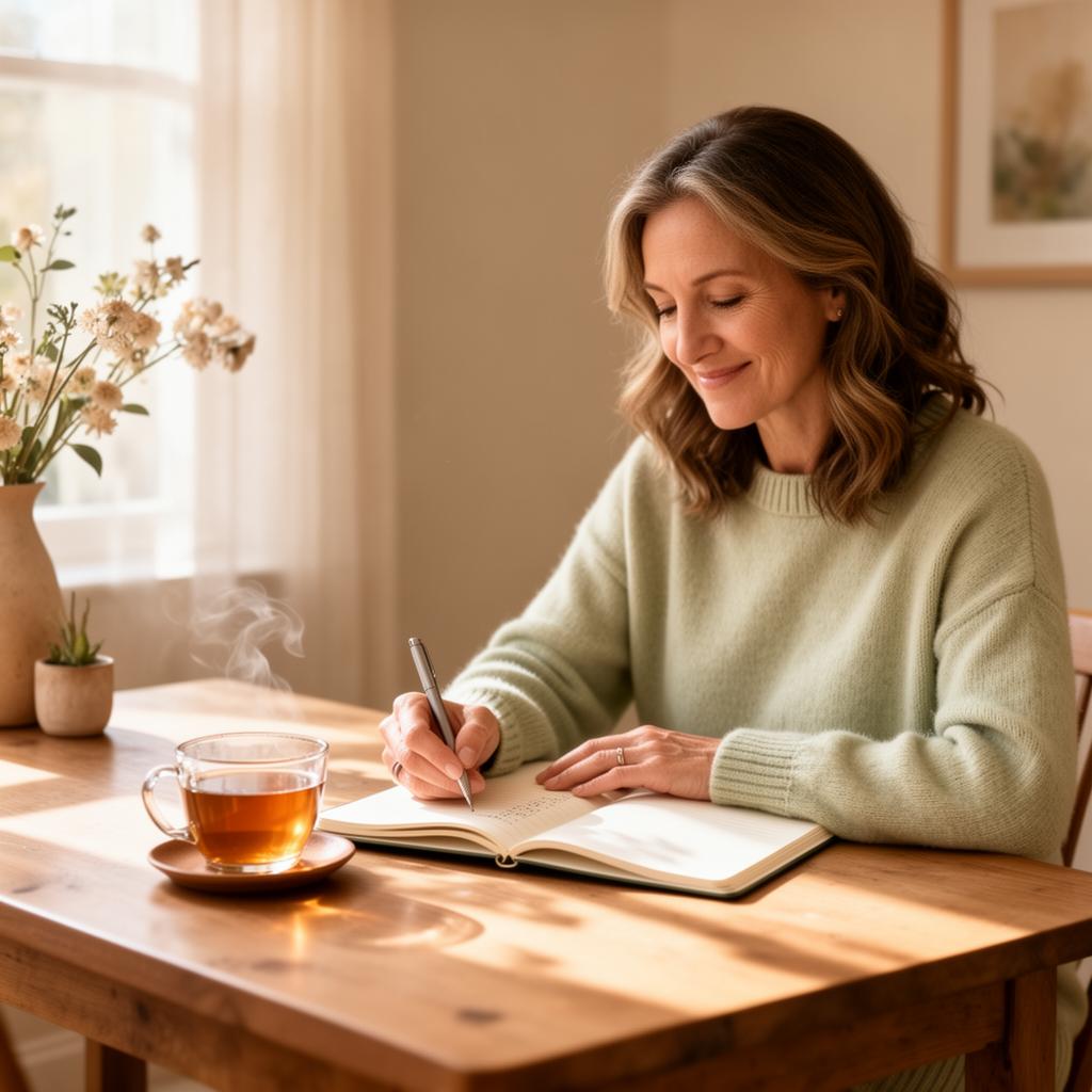 Woman in her 40s journaling at a sunlit desk with tea, illustrating tracking the many subtle signs of hormone imbalance in women.
