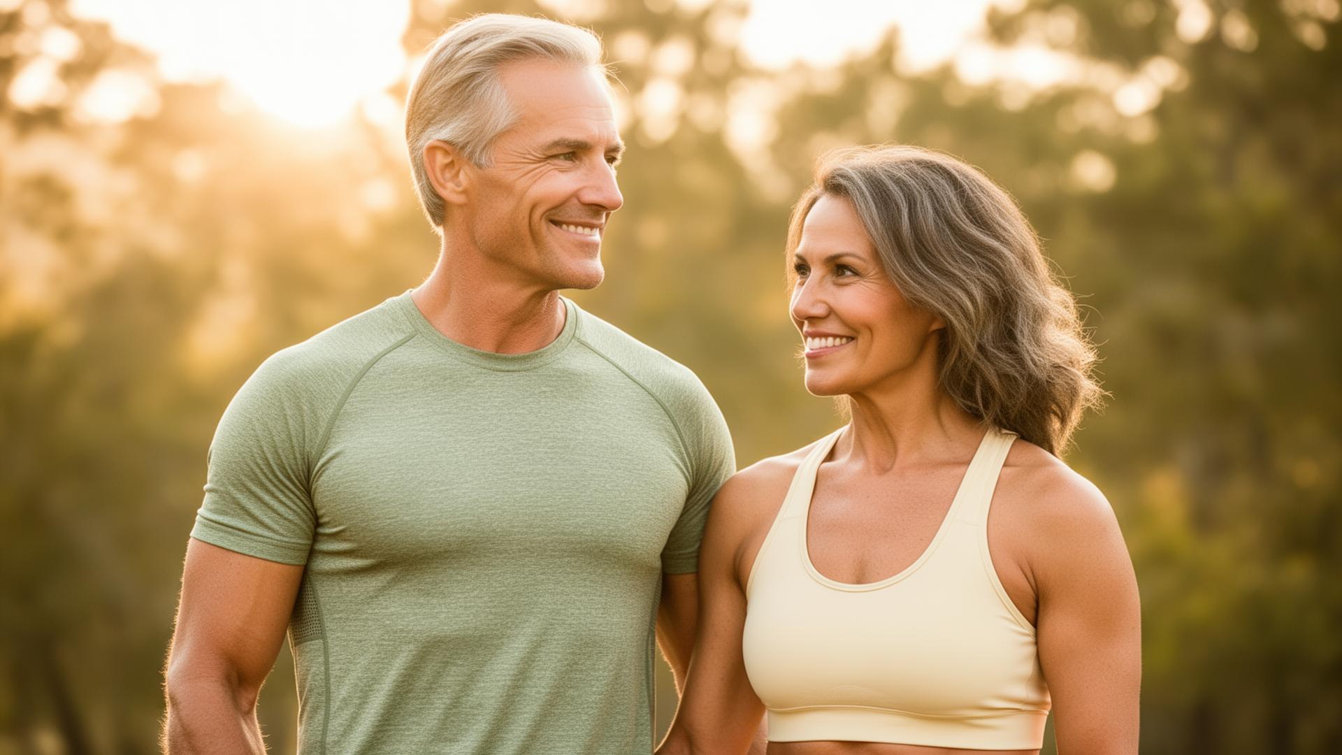 Thoughtful midlife man and woman side by side, illustrating low testosterone symptoms in both sexes — fatigue, low libido, lost muscle, and low mood.