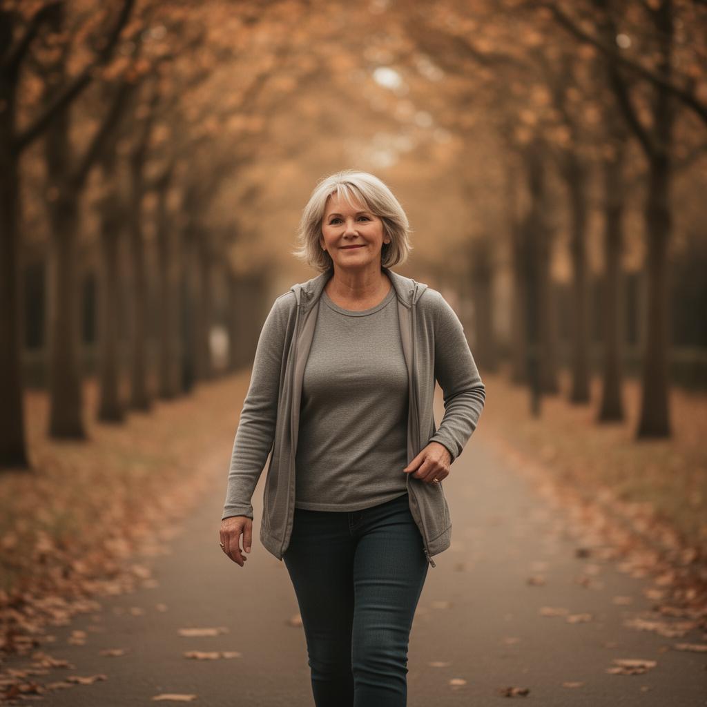 Confident woman in her 50s walking on a tree-lined autumn path, illustrating menopause weight gain and the hormonal shifts behind it.