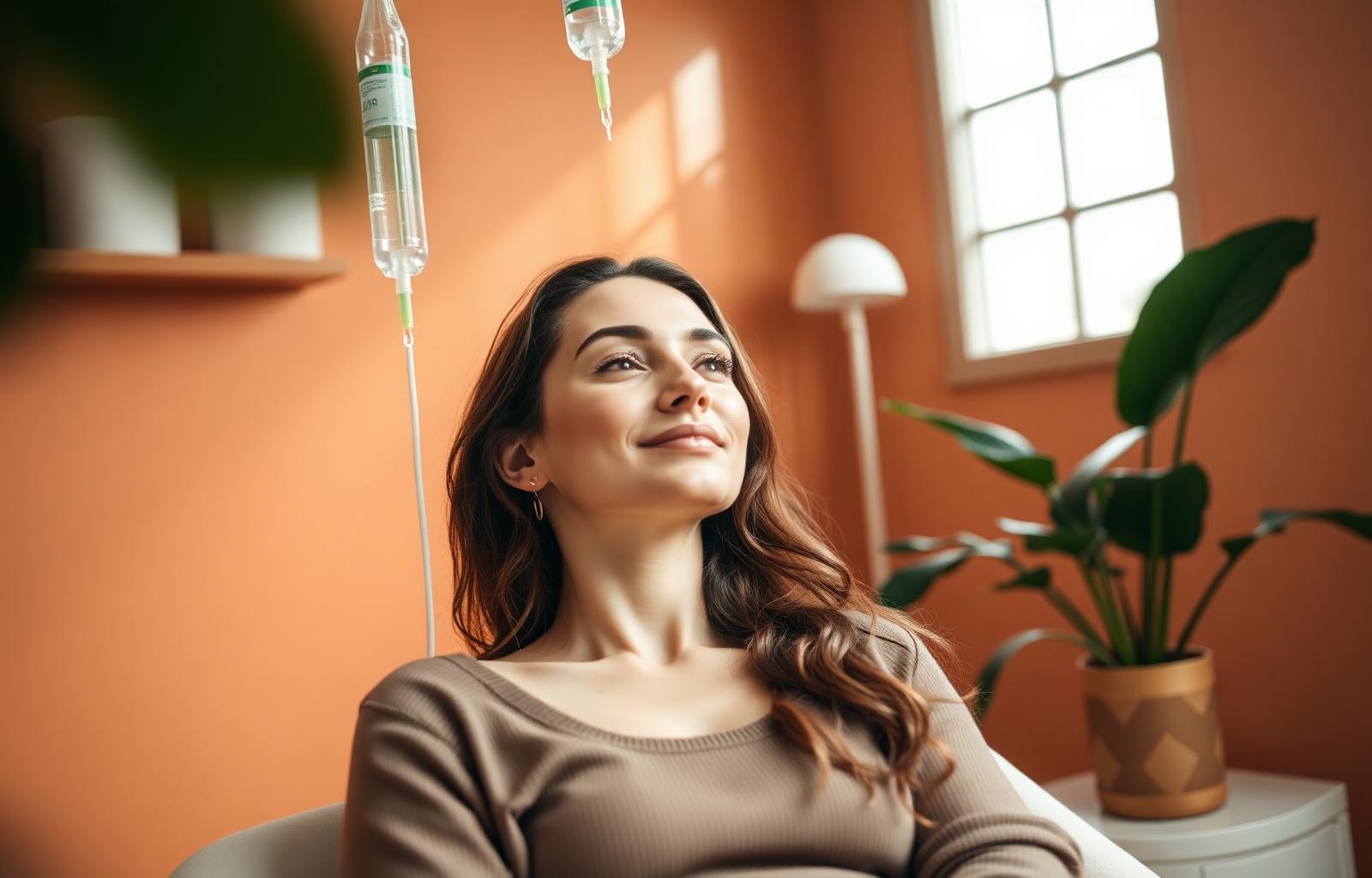 A guest enjoying a relaxing IV vitamin drip in a warm wellness setting